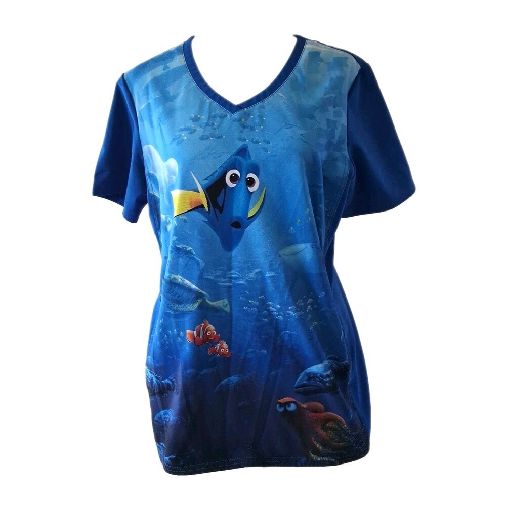 Finding Dory Nemo Scrub Top Womens Small Blue Ocean Short Sleeve Disney Fun